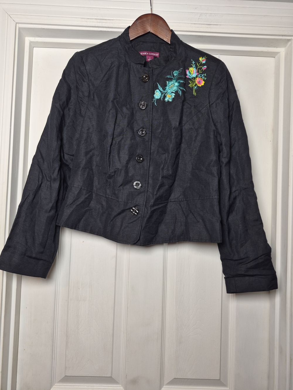 Jessica London Dark Navy Embroidered Button-Front Jacket 12